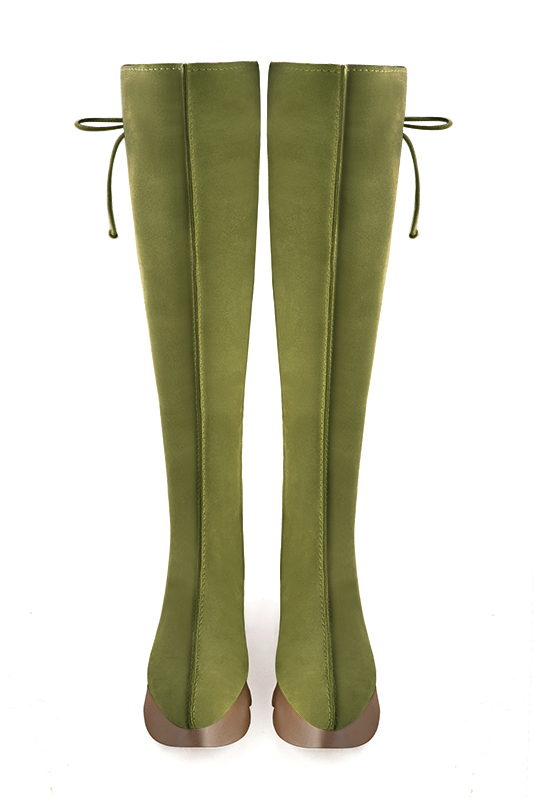Pistachio green women's knee-high boots, with laces at the back. Round toe. Low rubber soles. Made to measure. Top view - Florence KOOIJMAN